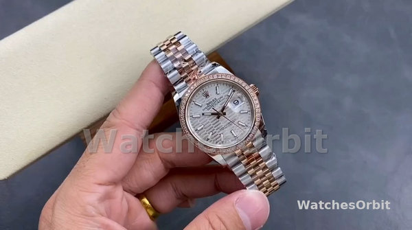 Replica Rolex Datejust 36MM Staal & Everose Gold Zilver Fluted-Motif Dial Diamant Bezel M126281RBR Grijze wijzerplaat
