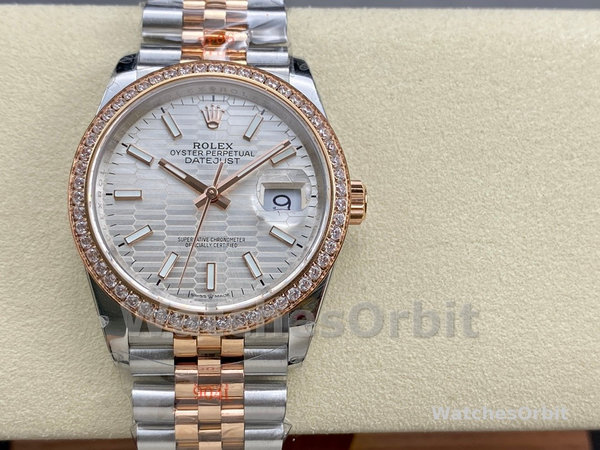 Unisexs Rolex Datejust 36MM Steel & Everose Gold Silver Fluted-Motif Dial Diamond Bezel M126281RBR Grey Dial Replica Watch Image