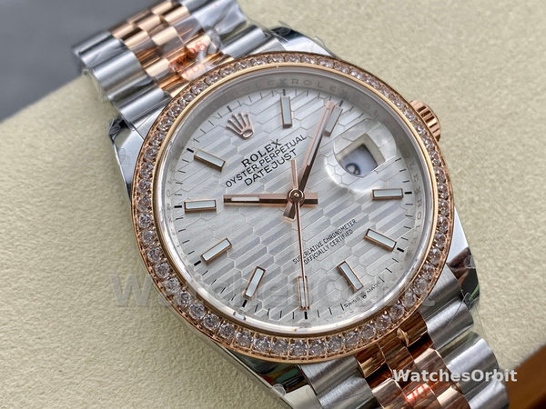 Unisexs Rolex Datejust 36MM Steel & Everose Gold Silver Fluted-Motif Dial Diamond Bezel M126281RBR Grey Dial Replica Watch Image