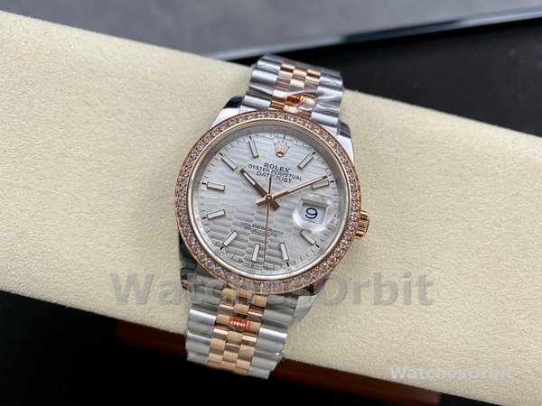 Unisexs Rolex Datejust 36MM Steel & Everose Gold Silver Fluted-Motif Dial Diamond Bezel M126281RBR Grey Dial Replica Watch Image