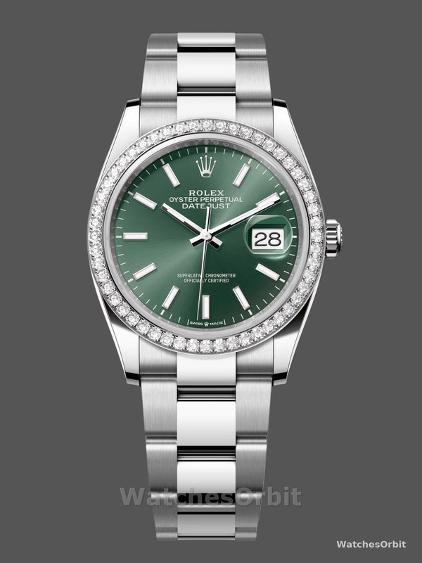 Rolex Datejust 36 White Gold & Diamonds Mint Green Dial M126284RBR 0044 Women's Watch