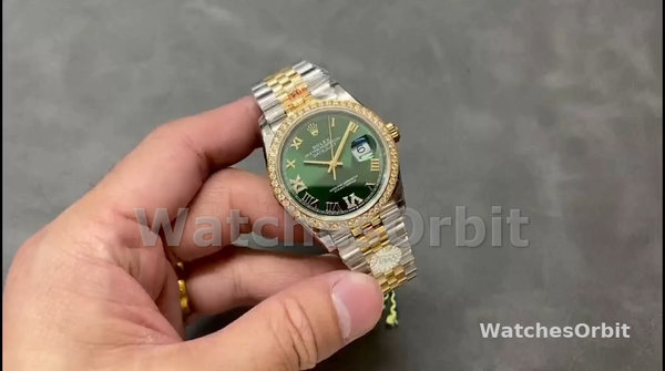 Replica Rolex Datejust 36-m126283rbr 0011, Oro giallo e diamanti, quadrante verde oliva, quadrante verde, quadrante verde