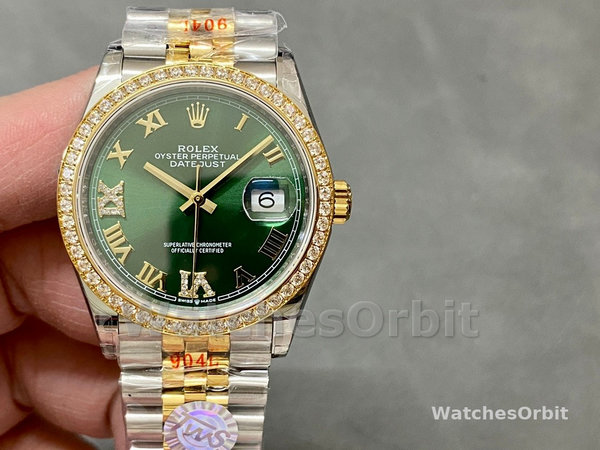 Replica Rolex Datejust 36-m126283rbr 0011, Oro giallo e diamanti, quadrante verde oliva, quadrante verde, quadrante verde