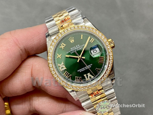 Replica Rolex Datejust 36-m126283rbr 0011, Oro giallo e diamanti, quadrante verde oliva, quadrante verde, quadrante verde