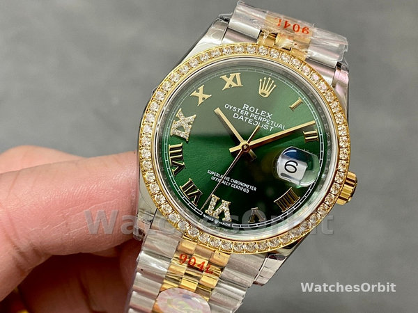 Replica Rolex Datejust 36-m126283rbr 0011, Oro giallo e diamanti, quadrante verde oliva, quadrante verde, quadrante verde
