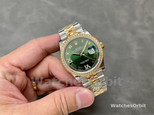 Replica Rolex Datejust 36-m126283rbr 0011, Oro giallo e diamanti, quadrante verde oliva, quadrante verde, quadrante verde