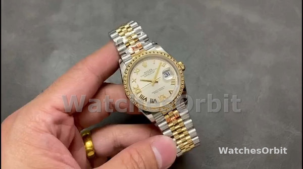 Replica Dames Rolex Datejust 36-m126283rbr 0017, Geel Goud & Diamanten, Zilver Diamant Pave Romeinse Wijzerplaat, Zilveren Wijzerplaat