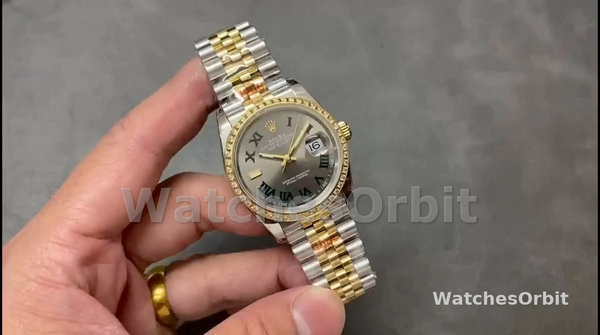 Women's Rolex Datejust 36-m126283rbr 0021, Yellow Gold & Diamonds, Slate Wimbledon Roman Dial, Grey Dial