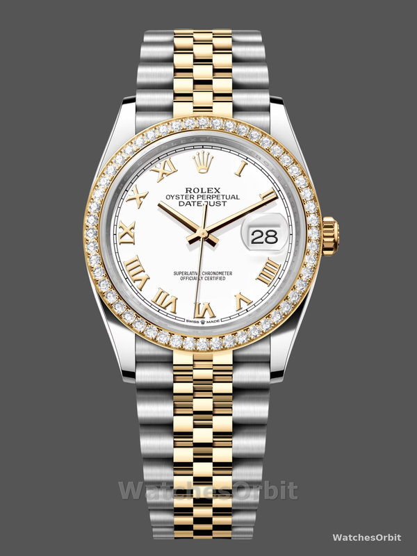 Rolex Datejust 36 Yellow Gold & Diamonds White Roman Dial M126283RBR 0015 Women's Watch