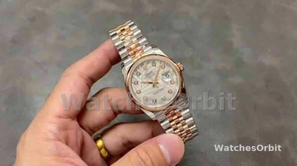 Replica Dames Rolex Datejust 36mm Zilveren Palm Motief Wijzerplaat Oyster Armband - 126201 0038 Zilveren Palm Motief Set Met Diamanten
