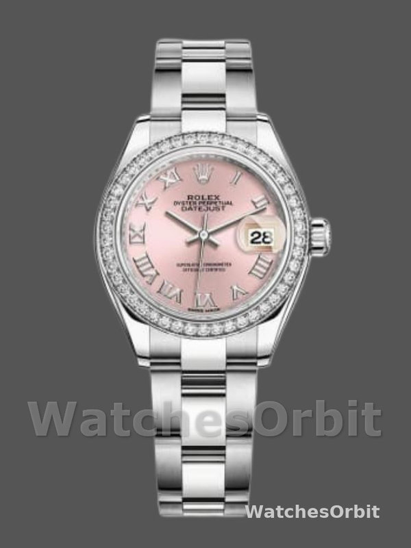 Replica Dames Rolex Datejust 28mm-279136RBR-Diamanten ring-Roze wijzerplaat-Romeinse cijfers Uurmarkeringen Roze