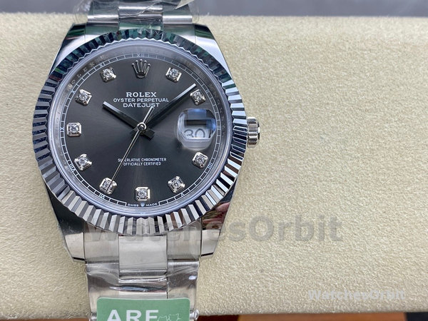 Replica Rolex Datejust 41 mm Uomo-m126334 0005-Ghiera scanalata-Giallo scuro rodiato Grigio Quadrante Grigio