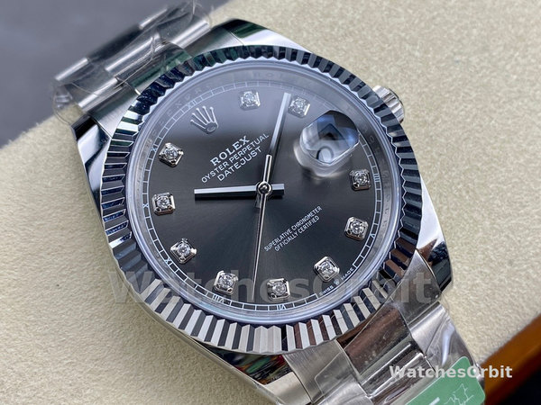 Replica Rolex Datejust 41 mm Uomo-m126334 0005-Ghiera scanalata-Giallo scuro rodiato Grigio Quadrante Grigio