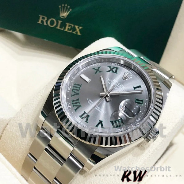 Replica Rolex Datejust 41 mm Uomo-m126334 0021-Lunetta scanalata-Giallo grigio Wimbledon Quadrante grigio Wimbledon