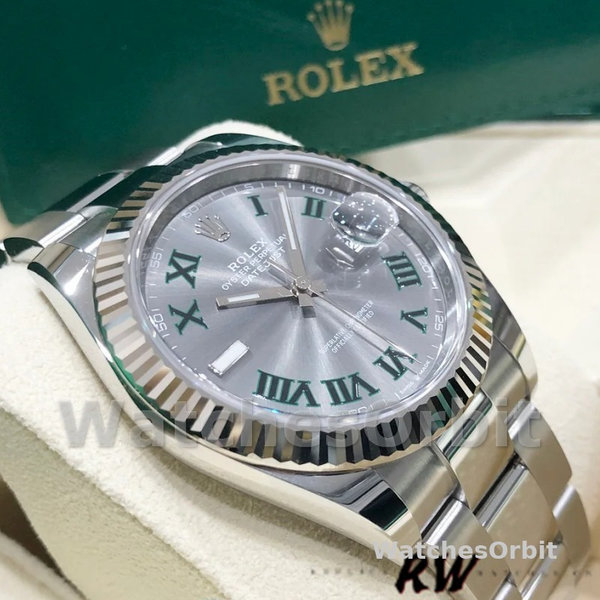 Replica Rolex Datejust 41 mm Uomo-m126334 0021-Lunetta scanalata-Giallo grigio Wimbledon Quadrante grigio Wimbledon