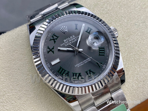 Replica Rolex Datejust 41 mm Uomo-m126334 0021-Lunetta scanalata-Giallo grigio Wimbledon Quadrante grigio Wimbledon