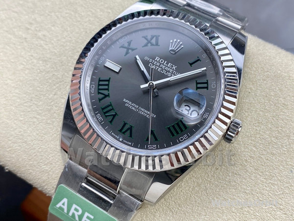 Replica Rolex Datejust 41 mm Uomo-m126334 0021-Lunetta scanalata-Giallo grigio Wimbledon Quadrante grigio Wimbledon
