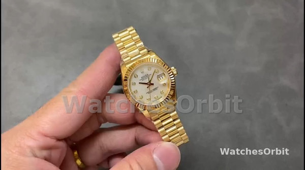 Replica Dames Rolex Datejust-m279178 0025, 28mm, Geelgoud, Parelmoer wijzerplaat, geribbelde lunette, Lady MOP