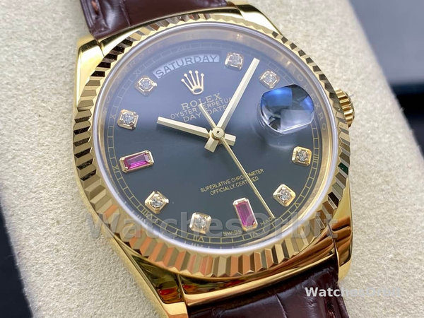 Replica Rolex Day Date 36-m128348RBR 0026 unisex, oro giallo, quadrante champagne, lunetta con diamanti, champagne