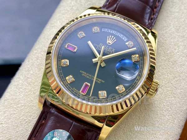 Replica Rolex Day Date 36-m128348RBR 0026 unisex, oro giallo, quadrante champagne, lunetta con diamanti, champagne