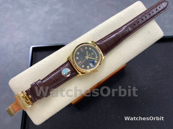 Replica Rolex Day Date 36-m128348RBR 0026 unisex, oro giallo, quadrante champagne, lunetta con diamanti, champagne