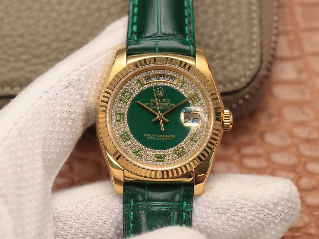 Replica Rolex Day Date-118138, 36mm, Groen & Diamanten voor heren