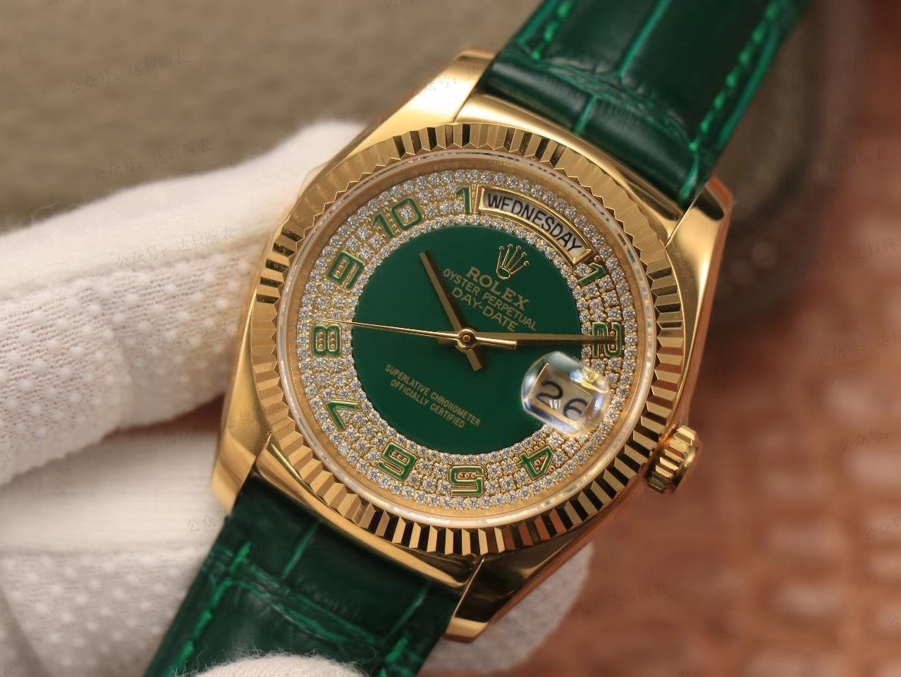 Replica Rolex Day Date-118138, 36mm, Groen & Diamanten voor heren