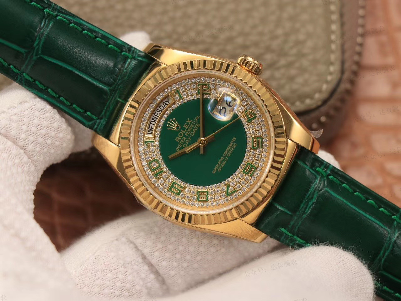 Replica Rolex Day Date-118138, 36mm, Groen & Diamanten voor heren