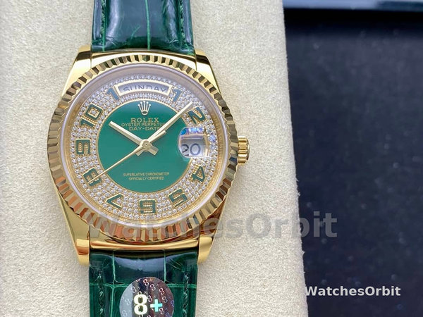 Replica Rolex Day Date-118138, 36mm, Groen & Diamanten voor heren