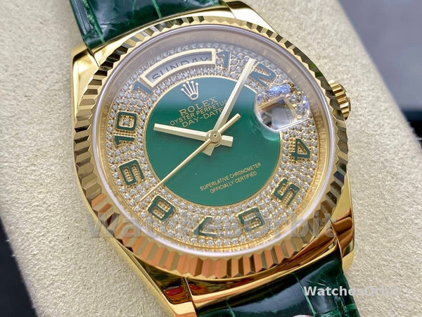 Replica Rolex Day Date-118138, 36mm, Groen & Diamanten voor heren