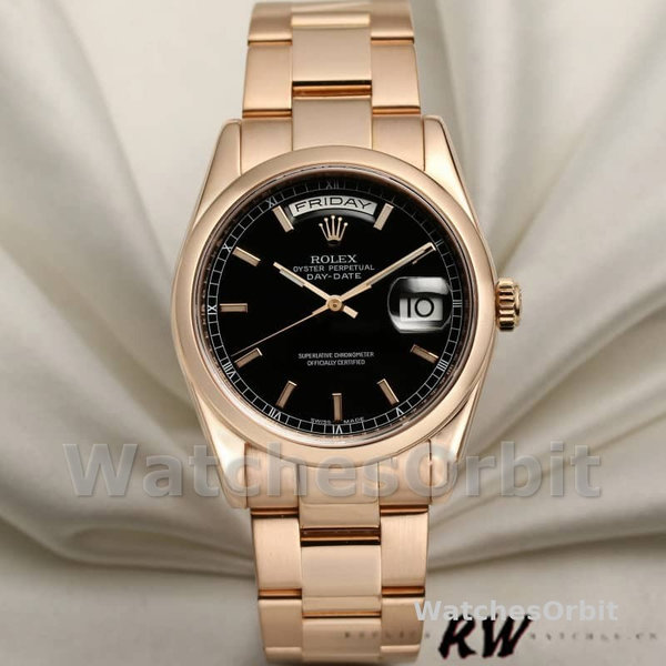 Replica Rolex Day-Date 36mm voor heren-118205-Zwarte wijzerplaat-Rose Gold Black