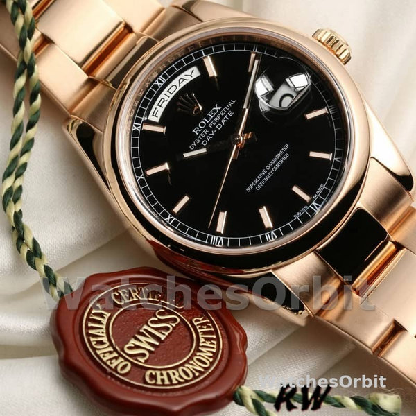 Replica Rolex Day-Date 36mm voor heren-118205-Zwarte wijzerplaat-Rose Gold Black