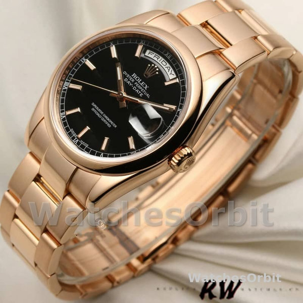 Replica Rolex Day-Date 36mm voor heren-118205-Zwarte wijzerplaat-Rose Gold Black