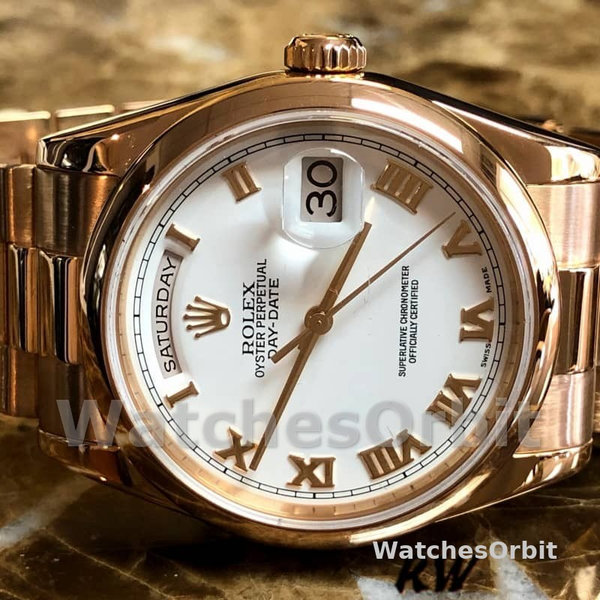 Replica Rolex Day-Date 36mm Unisex-118205-Everose Gold-White Dial Wit