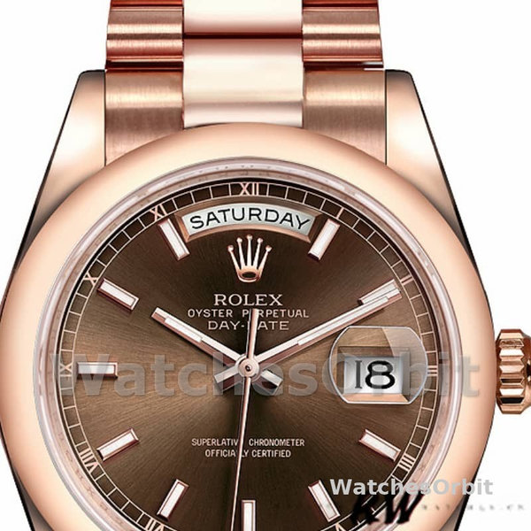 Replica Rolex Day-Date 36mm unisex-118205-Rose Gold-Chocolate Dial Chocolade