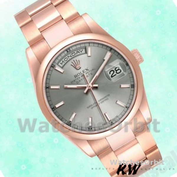 Replica Rolex Day-Date 36mm unisex-118205-Rose Gold-Grey Dial Grijs