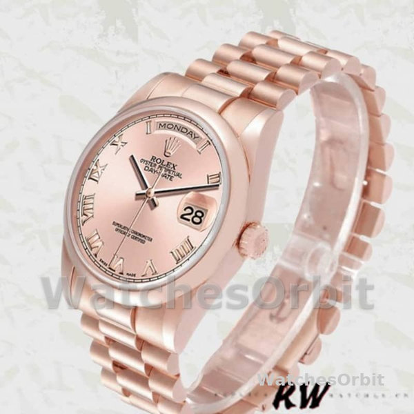 Replica Rolex Day-Date 36mm unisex-118205-Rose Gold-Pink Dial-Automatic Roze