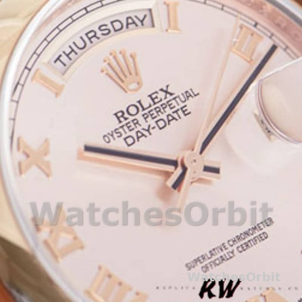 Replica Rolex Day-Date 36mm unisex-118205-Rose Gold-Pink Dial-Automatic Roze
