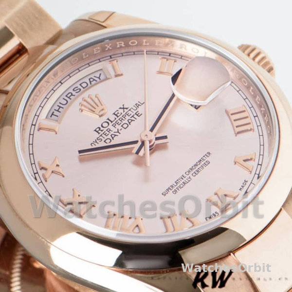 Replica Rolex Day-Date 36mm unisex-118205-Rose Gold-Pink Dial-Automatic Roze