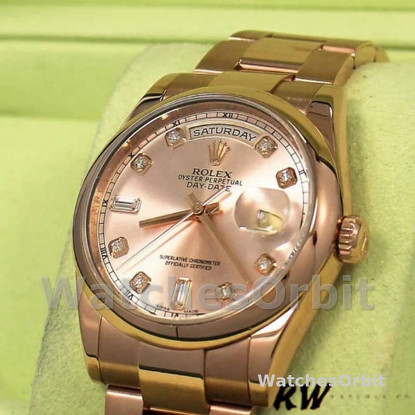 Replica Rolex Day-Date 36mm unisex-118205-Rose Gold-Pink Diamond Dial Roze