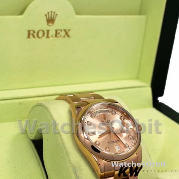 Replica Rolex Day-Date 36mm unisex-118205-Rose Gold-Pink Diamond Dial Roze