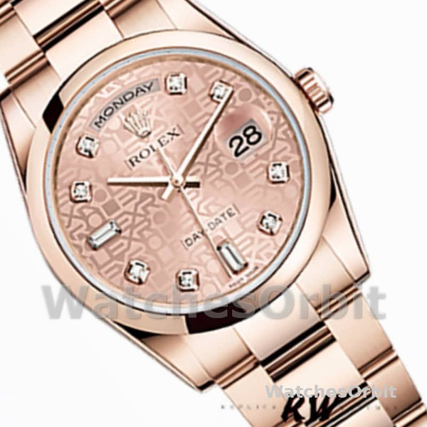 Replica Rolex Day-Date 36mm unisex-118205-Rose Gold-Pink Jubilee Diamond Dial Roze