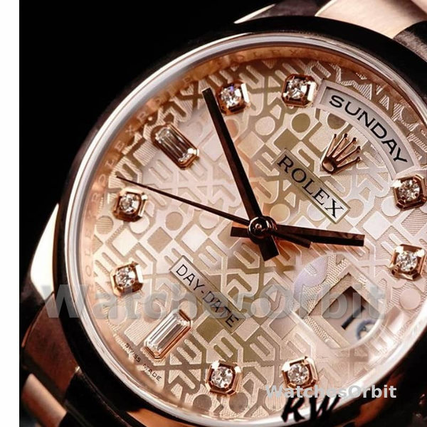Replica Rolex Day-Date 36mm unisex-118205-Rose Gold-Pink Jubilee Diamond Dial Roze