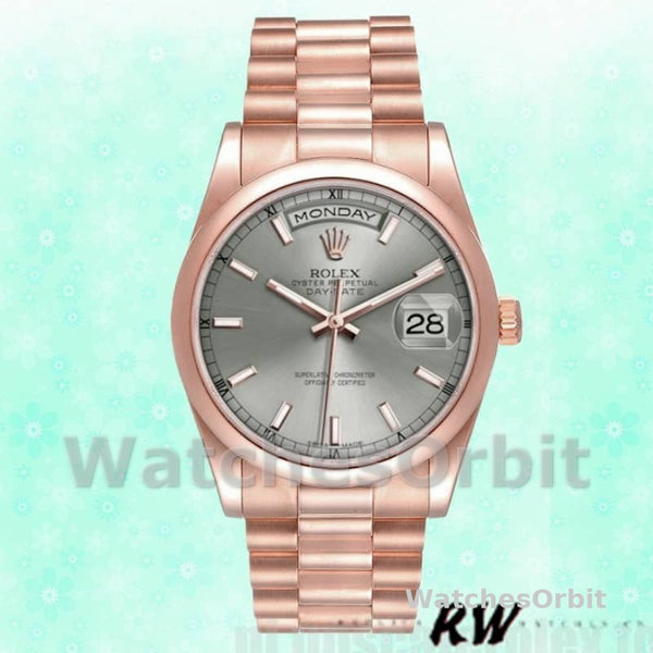 Replica Rolex Day-Date 36mm unisex-118205-Rose Gold-Rhodium Grey Dial Grijs