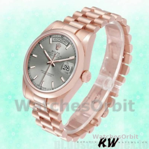 Replica Rolex Day-Date 36mm unisex-118205-Rose Gold-Rhodium Grey Dial Grijs