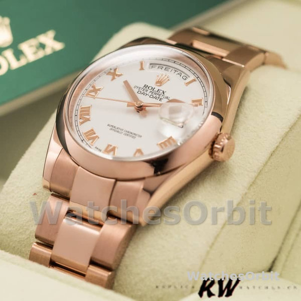 Replica Rolex Day-Date 36mm Unisex-118205-Witte Romeinse cijfers Wijzerplaat Wit