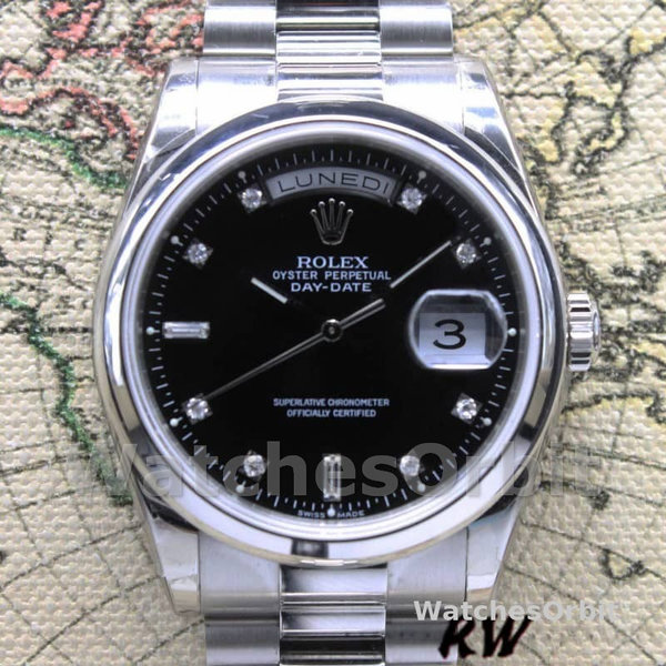 Replica Rolex Day-Date 36mm Unisex-118206-Black Diamond Dial Zwart