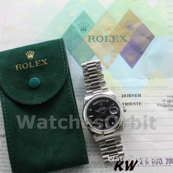 Replica Rolex Day-Date 36mm Unisex-118206-Black Diamond Dial Zwart