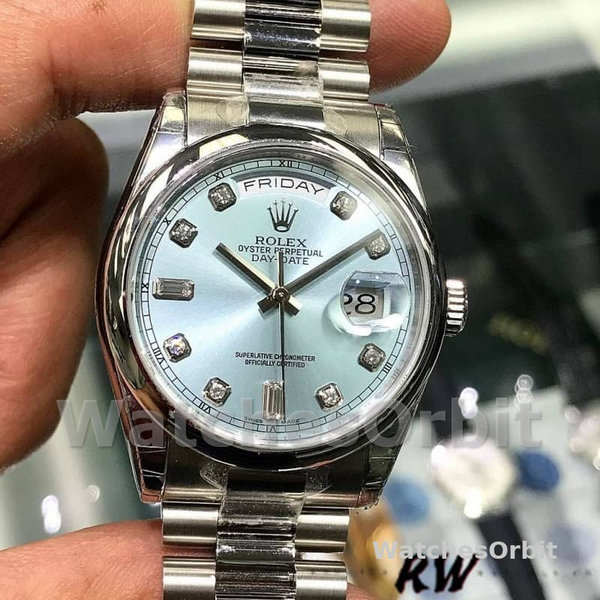 Replica Rolex Day-Date 36mm unisex-118206-IJsblauwe wijzerplaat-diamant-platina Ijsblauw