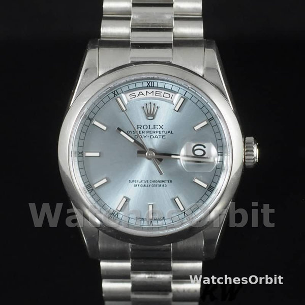 Replica Rolex Day-Date 36mm unisex-118206-IJsblauwe wijzerplaat-gepolijst platina ring Ijsblauw